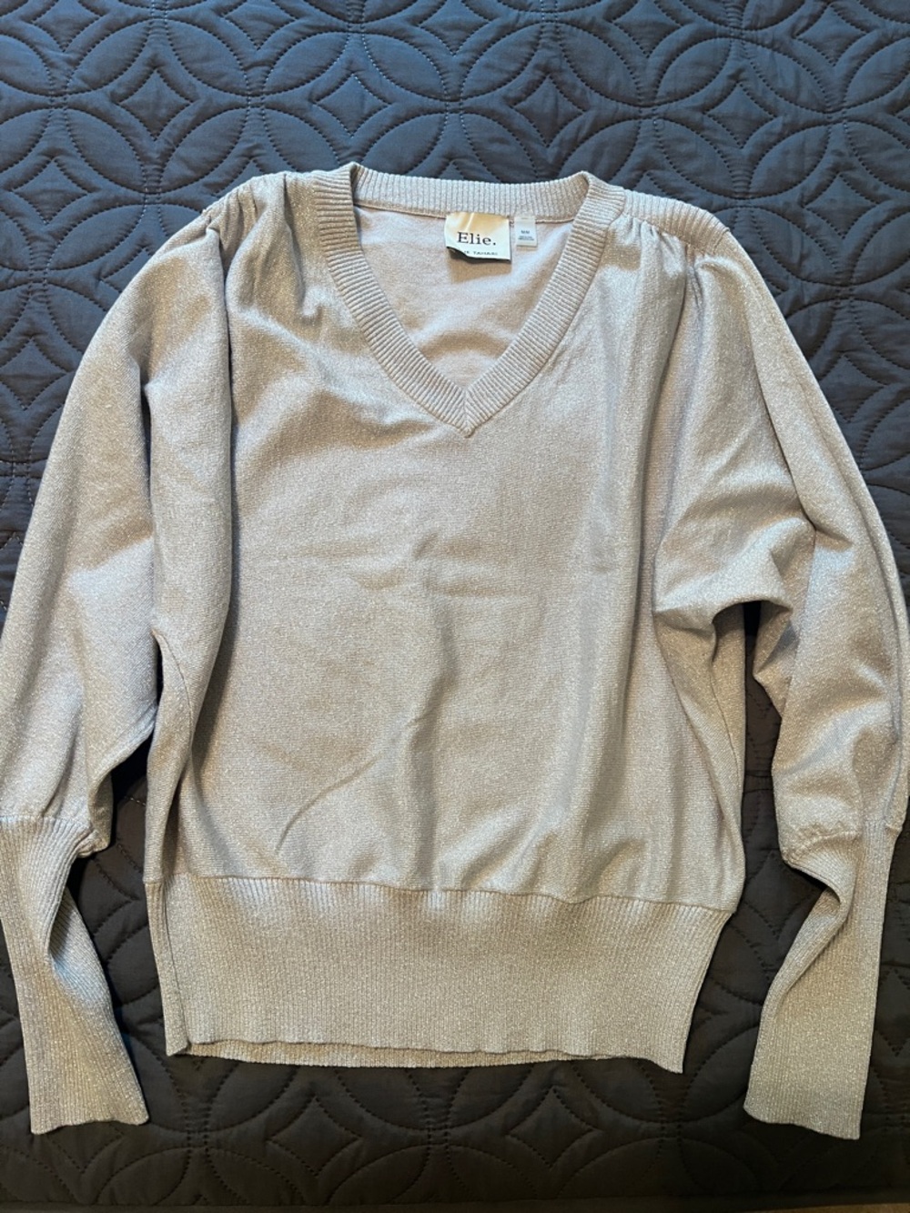 Elie Tahari Metallic Light Cream V-Neck Sweater